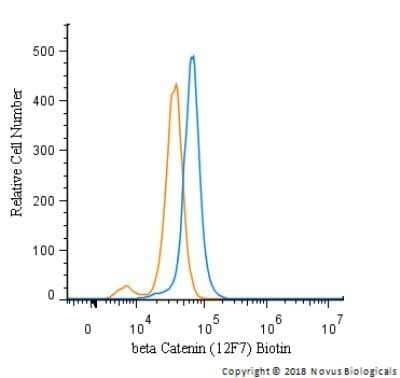 Flow Cytometry: beta-Catenin Antibody (12F7) - Azide and BSA Free [NBP2-80596] - An intracellular stain was performed on SK-MEL-28 cells with beta-Catenin Antibody [12F7] NBP1-54467B (blue) and a matched isotype control (orange). Both antibodies were directly conjugated to Biotin. Cells were fixed with 4% PFA and then permeabilized with 0.1% saponin. Cells were incubated in an antibody dilution of 2.5 ug/mL for 30 minutes at room temperature, followed by Streptavidin - R-Phycoerythrin Protein (2012-1000, Novus Biologicals). Image from the standard format of this antibody.