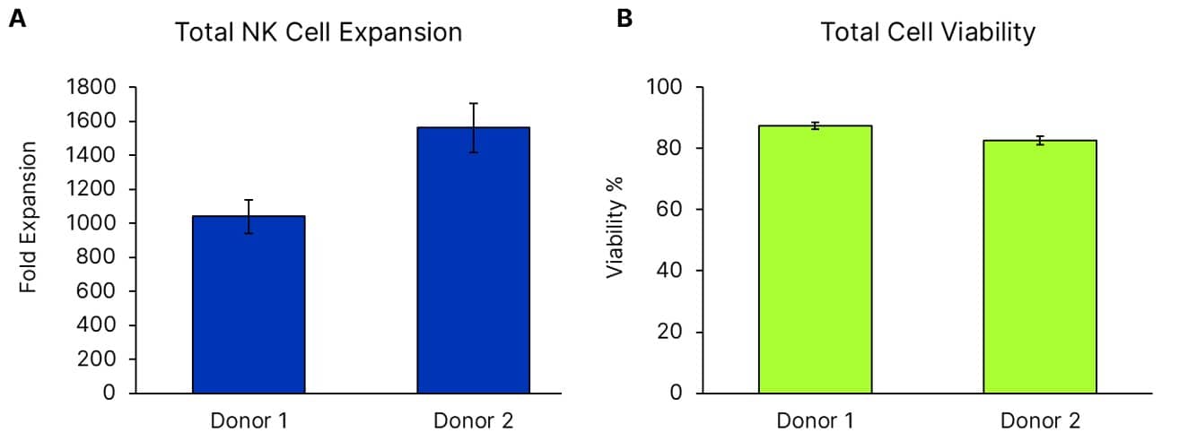 Donor PBMCs were grown using ExCellerate NK Cell Expansion Media (Catalog # CCM037) supplemented with IL-2 (Catalog # BT-002-GMP), IL-12 (Catalog # 10018-IL), IL-15 (Catalog # BT-015-GMP), IL-18 (Catalog # BT-018-GMP), and IL-21 (Catalog # BT-021-GMP) on plates coated with anti-human NKp46 (Catalog # MAB1850). PBMCs were plated to contain 1.8e4 NK cells as determined by flow cytometry on day 0. On day 5, 0.1e6 total cells were taken to seed a 6 well plate. Viability, expansion, and NK purity were analyzed on day 9, with n=5 +/- SEM. A: Total expansion of CD56+ CD3- cells between day 0 and day 9. B: PBMCs grown in ExCellerate NK Cell Expansion Media supplemented with cytokines exhibit viability greater than 80% at day 9.