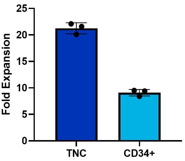 CD34+ cells purified from plerixafor-mobilized peripheral blood were cultured in commercially available media. The media was supplemented with SCF (BT-SCF-GMP, 100 ng/mL), TPO (BT-TPO-GMP, 100 ng/mL), FLT-3L (BT-FT3L-GMP, 100 ng/mL), and SR1 (Catalog # 7086, 1 µM). After 7 days, fold expansion was calculated from total viable cell counts. Cell viability on Day 7 was greater than 95% for all conditions. Frequency (%) CD34+ cells was analyzed by flow cytometry on Day 0 and Day 7 with an anti-human CD34 monoclonal antibody (Catalog # MAB7227). CD34+ cell expansion was calculated by multiplying total nucleated cell (TNC) fold expansion by the CD34+ percentage. The average fold expansion of n=3 technical replicates is shown.