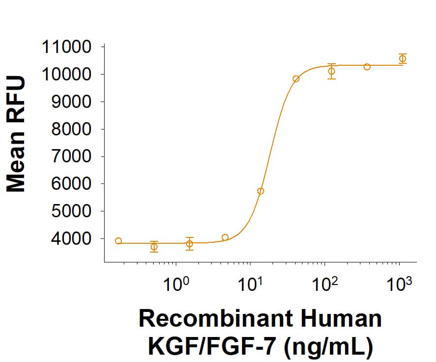 Recombinant Human KGF/FGF‑7 Protein (Catalog # BT-KGF) induced cell proliferation in Ba/F3 mouse pro-B cells transfected with human FGF RIIb. The ED50 for this effect is 6.00-60.0 ng/mL.