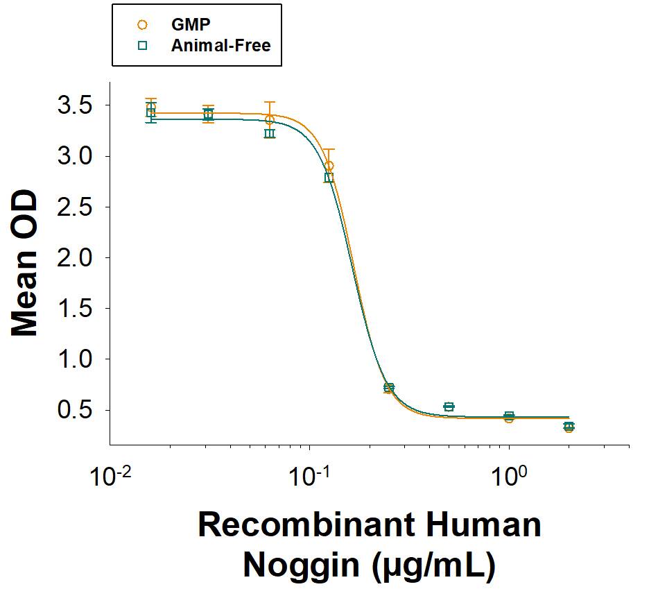 Equivalent bioactivity of GMP (Catalog # BT-NOG-GMP) and Animal-Free (BT-NOG-AFL) grades of Recombinant Human Noggin as measured by their ability to inhibit BMP-4-induced alkalinephosphatase production by ATDC5 mouse chondrogenic cells (orange and green, respectively).
