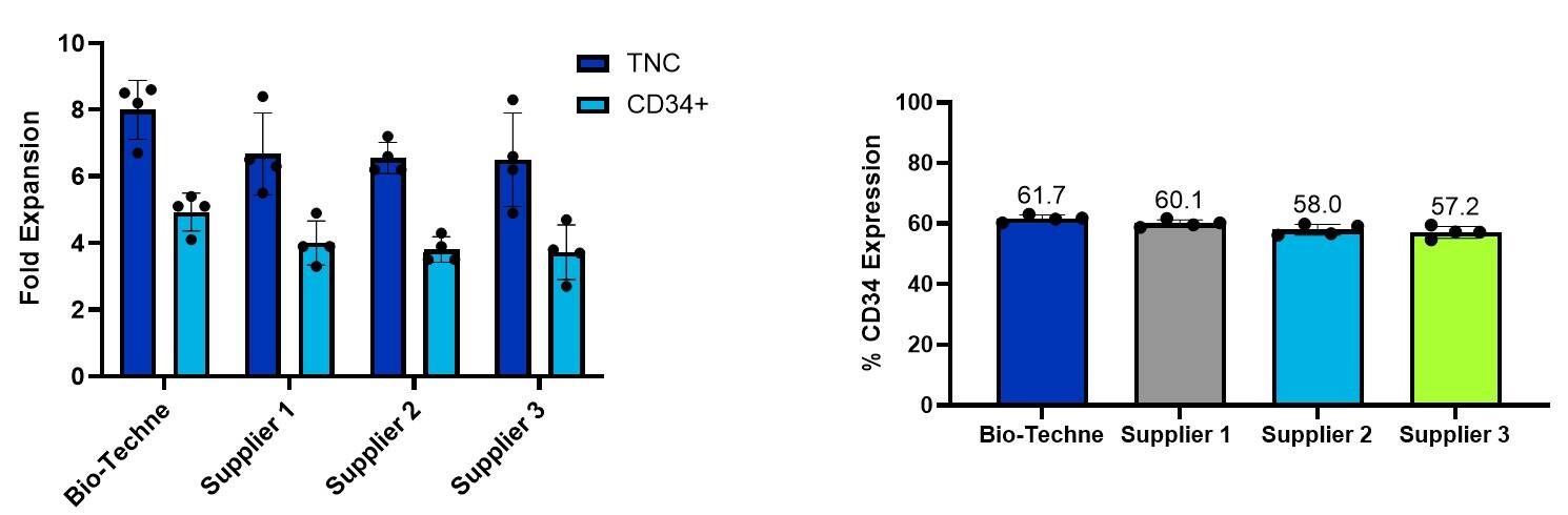 CD34+ cells purified from plerixafor-mobilized peripheral blood were cultured in commercially available media. The media was supplemented with SCF (Catalog # BT-SCF-GMP, 100 ng/mL), TPO (Catalog # BT-TPO-GMP, 100 ng/mL), FLT-3L (Catalog # BT-FT3L-GMP, 100 ng/mL), and SR1 (Catalog # 7086, 1 µM). After 7 days, fold expansion was calculated from total viable cell counts. Cell viability on Day 7 was greater than 90% for all conditions. Frequency (%) CD34+ cells was analyzed by flow cytometry on Day 0 and Day 7 with an anti-human CD34 monoclonal antibody (Catalog # MAB7227). CD34+ cell expansion was calculated by multiplying total nucleated cell (TNC) fold expansion by the CD34+ percentage. The average fold expansion of n=4 technical replicates is shown.