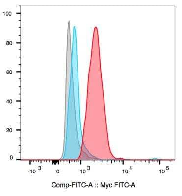 Flow Cytometry: c-Myc Antibody (9E10) [FITC] [NB600-302F] - Gray: WT B cell control. Blue: EuMyc un-transformed B cells. Red: EuMyc lymphoma. This image was submitted via customer review.