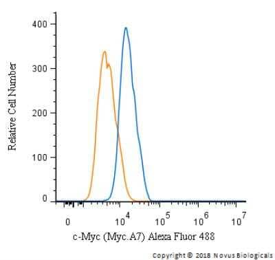 Flow Cytometry: c-Myc Antibody (Myc.A7) [Alexa Fluor® 488] [NBP2-37822AF488] - An intracellular stain was performed on HepG2 cells with c-Myc Antibody (Myc.A7) NBP2-37822AF488 (blue) and a matched isotype control (orange). Cells were fixed with 4% PFA and then permeabilized with 0.1% saponin. Cells were incubated in an antibody dilution of 10 ug/mL for 30 minutes at room temperature. Both antibodies were conjugated to Alexa Fluor 488.