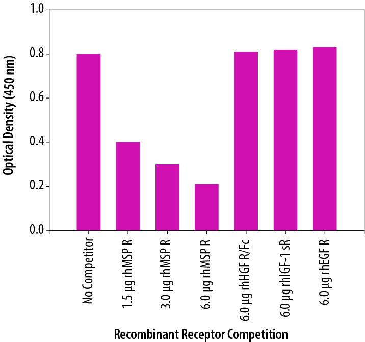 <b>Biological Strategies Validation. </b>MDA-MB-453 human breast cancer cells were treated with 400 ng/mL recombinant human (rh) MSP for five minutes. The indicated amounts of recombinant extracellular domains of human MSP R, human HGF R/Fc Chimera  (Catalog # 358-MT), human IGF-I sR (Catalog # 391-GR), or human EGF R (Catalog # 1095-ER) were added to 100 μg lysate and analyzed using this DuoSet® IC ELISA. Competition was observed only with recombinant human MSP R.