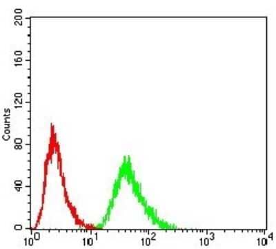 Flow Cytometry: eRF1 Antibody (4F9H12) - BSA Free [NBP2-52552] - Analysis of Hela cells using RF1 mouse mAb (green) and negative control (red).