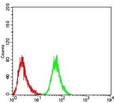 Flow Cytometry: eRF1 Antibody (4F9H12) - BSA Free [NBP2-52552] - Analysis of HepG2 cells using RF1 mouse mAb (green) and negative control (red).