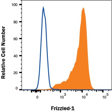 NS0 cell line transfected with mouse Frizzled-1 were stained with Rat Anti-Human/Mouse Frizzled‑1 APC‑conjugated Monoclonal Antibody (Catalog # FAB11201A, filled histogram) or isotype control antibody (Catalog # IC006A, open histogram) followed by Allophycocyanin-conjugated Anti-Rat IgG Secondary Antibody (Catalog # F0113). To facilitate intracellular staining, cells were fixed with Flow Cytometry Fixation Buffer (Catalog # FC004) and permeabilized with saponin. View our protocol for Staining Intracellular Molecules.