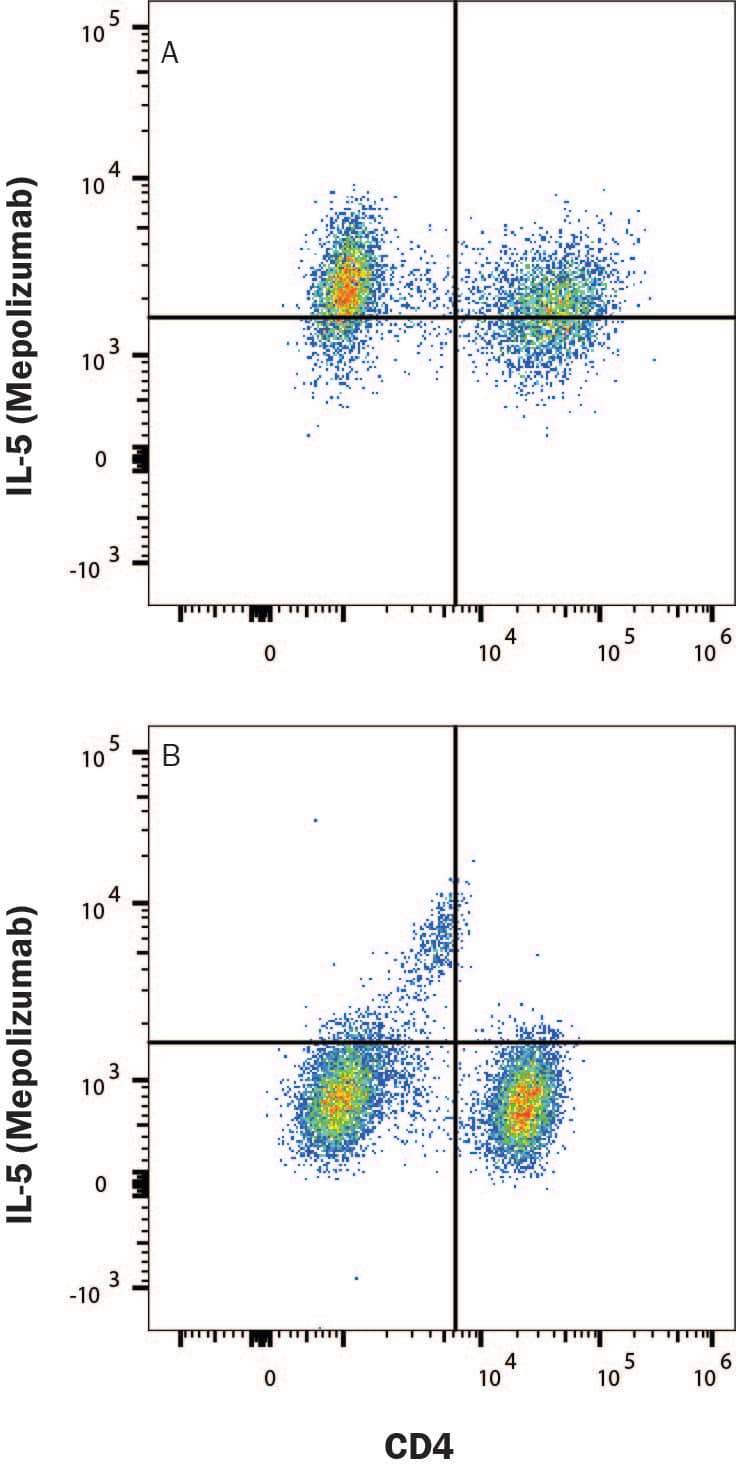 Human PBMCs (A) treated with 50 ng/mL PMA and 1 ug/mL Calcium Ionomycin for 6 hours or (B) resting were stained with Human Anti-Human IL-5 (Mepolizumab Biosimilar) Biotinylated Monoclonal Antibody (Catalog # FAB11433B) followed by APC-conjugated Streptavidin (F0050) and Mouse anti-Human CD4 PE-conjugated Monoclonal Antibody (FAB3791P). To facilitate intracellular staining, cells were fixed with Flow Cytometry Fixation Buffer (FC004) and permeabilized with Flow Cytometry Permeabilization/Wash Buffer I (FC005). View our protocol for Staining Intracellular Molecules.