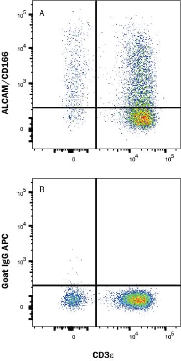 Human PBMC's were stained with Mouse Anti-Human CD3 epsilon  APC‑conjugated Monoclonal Antibody (Catalog # FAB100A) and either (A) Goat Anti-Mouse ALCAM/CD166 Fluorescein‑conjugated Antigen Affinity-purified Polyclonal Antibody (Catalog # FAB1172F) or (B) isotype control antibody (Catalog # IC108F). View our protocol for Staining Membrane-associated Proteins. 