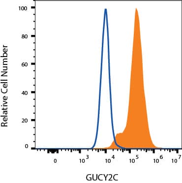 hGUCY2C HEK Transfectants were stained with Rabbit Anti-Human Guanylyl Cyclase C/GUCY2C Alexa Fluor® 488‑conjugated Monoclonal Antibody (Catalog # FAB2157G, filled histogram) or isotype control antibody (Catalog # IC1051G, open histogram). View our protocol for Staining Membrane-associated Proteins. 