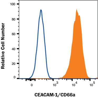 HepG2 cells were stained with Mouse Anti-Human CEACAM‑1/CD66a APC‑conjugated Monoclonal Antibody (Catalog # FAB2244A, filled histogram) or isotype control antibody (Catalog # IC0041A, open histogram). View our protocol for Staining Membrane-associated Proteins. 