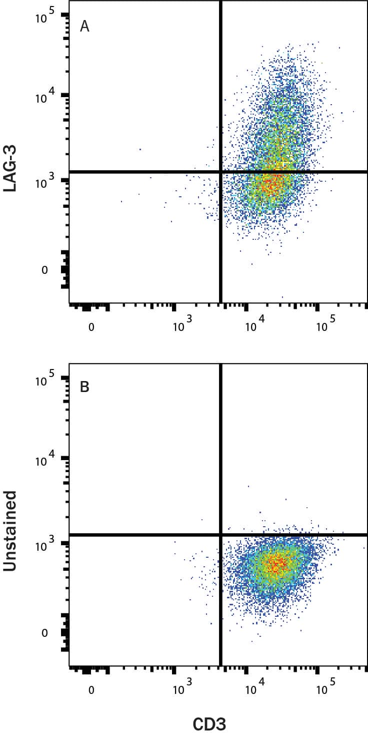 PBMCs treated with 5 ug/mL PHA for 5 days were stained with Mouse Anti-Human CD3 epsilon  APC‑conjugated Monoclonal Antibody (Catalog # FAB100A) and either (A) Mouse Anti-Human LAG‑3 mFluor™ Violet 610-Conjugated Monoclonal Antibody (Catalog # FAB23193MFV610) or (B) unstained cells.  View our protocol for Staining Membrane-associated Proteins. 