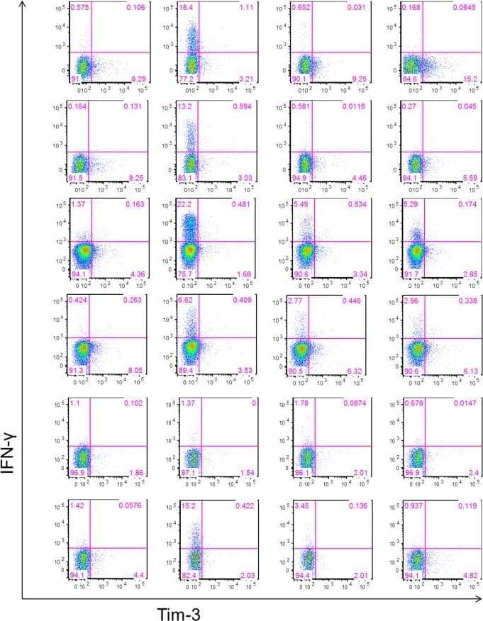 Upregulation of immune checkpoint ligands on T cells after dendritic cell stimulation. T cells of 7–14 healthy donor were cocultured with autologous TLR-3-DCs pulsed with CMV, EBV, influenza, tetanus (CEFT) peptide pool or with CEFT peptide pool alone. Expression of various inhibitory checkpoint molecules was analyzed by flow cytometry. The percentage of positive cells is presented as box-and-whisker plots for CD4+(A) and for CD8+(B) T cells. *p < 0.05; **p < 0.01. Image collected and cropped by CiteAb from the following publication (//journal.frontiersin.org/article/10.3389/fimmu.2018.00385/full), licensed under a CC-BY license. Not internally tested by R&D Systems.