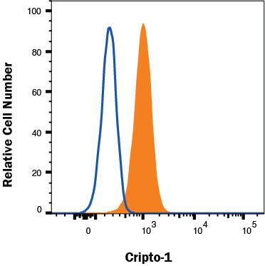 Induced pluripotent stem cells (iPSCs) were stained with Mouse Anti-Human Cripto 1 PE‑conjugated Monoclonal Antibody (Catalog # FAB2772P, filled histogram) or isotype control antibody (Catalog # IC002P, open histogram). View our protocol for Staining Membrane-associated Proteins. 