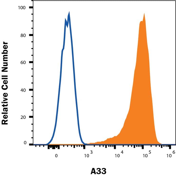Colo205 cells were stained with Rat Anti-Human A33 APC‑conjugated Monoclonal Antibody (Catalog # FAB3080A, filled histogram) or isotype control antibody (Catalog # IC006A, open histogram). View our protocol for Staining Membrane-associated Proteins. 