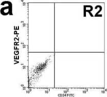 Circulating EPC number in healthy controls and diabetes. a and b: Circulating EPC numbers were determined by flow cytometry for the co-expression of CD34 and VEGFR2 (b). Peripheral blood MNCs incubated with IgG isotype control (a) serve as a negative control to determine the intrinsic fluorescent intensity of the peripheral blood MNCs and to define positive area R2. c: Absolute number of circulating EPCs in healthy controls and diabetes as determined by the co-expression of CD34 and VEGFR2. d: Absolute number of circulating EPCs in healthy controls, diabetes with good and poor glycemic control as determined by the co-expression of CD34 and VEGFR2. e: Correlation between the circulating EPC numbers and FBS, f: Correlation between the circulating EPC numbers and HbA1C, g: Absolute number of circulating CD34+/VEGFR2- cells in healthy controls and diabetes. Data are presented as means ± SEM. Image collected and cropped by CiteAb from the following publication (//bmcendocrdisord.biomedcentral.com/articles/10.1186/1472-6823-10-5), licensed under a CC-BY license. Not internally tested by R&D Systems.