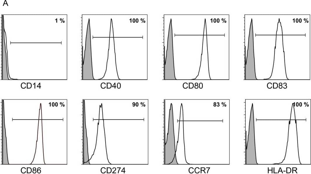 Costimulatory profile of mature DCs generated with a 3-day protocol. (A) Shown is the expression of specific surface molecules detected on DCs by flow cytometry in a representative patient sample generated with cocktail RP. (B) Comparison of the expression intensity of the costimulatory molecules CD80 and CD86 and the coinhibitory molecules CD273 and CD274 between HCs and AML patients. The mean fluorescence (MFI) of at least three individual experiments of HC and AML patients were compared using the different maturation cocktails C, CP, R, and RP. Image collected and cropped by CiteAb from the following publication (//translational-medicine.biomedcentral.com/articles/10.1186/1479-5876-9-151), licensed under a CC-BY license. Not internally tested by R&D Systems.