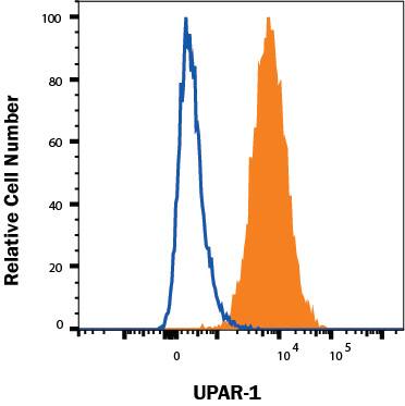 Raw264.7 mouse monocyte/macrophage cell line was stained with Rat Anti-Mouse uPAR Alexa Fluor® 647-conjugated Monoclonal Antibody (Catalog # FAB531R, filled histogram) or isotype control antibody (IC006R, open histogram). Staining was performed using our Staining Membrane-associated Proteins protocol.