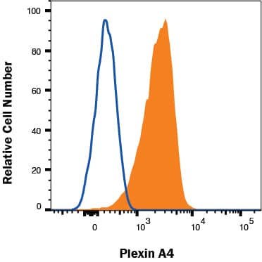 SH-SY5Y (filled histogram) and Jurkat (open histogram) cells were stained with Mouse Anti-Human Plexin A4 PE‑conjugated Monoclonal Antibody (Catalog # FAB58561P). View our protocol for Staining Membrane-associated Proteins. 