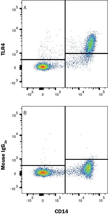 Human peripheral blood mononuclear cells (PBMCs) were stained with Mouse Anti-Human CD14 PE‑conjugated Monoclonal Antibody (Catalog # FAB3832P) and either (A) Mouse Anti-Human TLR4 PerCP‑conjugated Monoclonal Antibody (Catalog # FAB6248C) or (B) isotype control antibody (Catalog # IC003C). View our protocol for Staining Membrane-associated Proteins. 