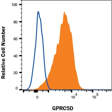 MM.1S were stained with Mouse Anti-Human GPRC5D PE‑conjugated Monoclonal Antibody (Catalog # FAB63001P, filled histogram) or isotype control antibody (Catalog # IC003P, open histogram). View our protocol for Staining Membrane-associated Proteins. 