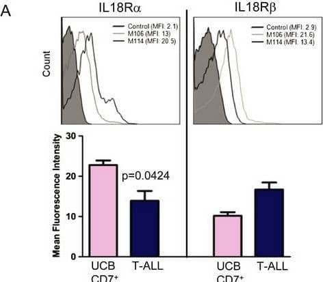 IL-18 promotes T-cell acute lymphoblastic leukaemia (T-ALL) growth in vitro. A Cell surface expression of IL-18R alpha  (left panel) and IL-18R beta  (right panel) in M106 and M114 T-ALL cells. Histograms show the mean fluorescence intensity (MFI) of IL-18R alpha  and IL-18R beta  staining in, respectively, 7 and 11 T-ALL samples. Control: T-ALL or UCB CD7+ T cells stained with isotype control antibodies. Image collected and cropped by CiteAb from the following open publication (//pubmed.ncbi.nlm.nih.gov/24778454), licensed under a CC-BY license. Not internally tested by R&D Systems.