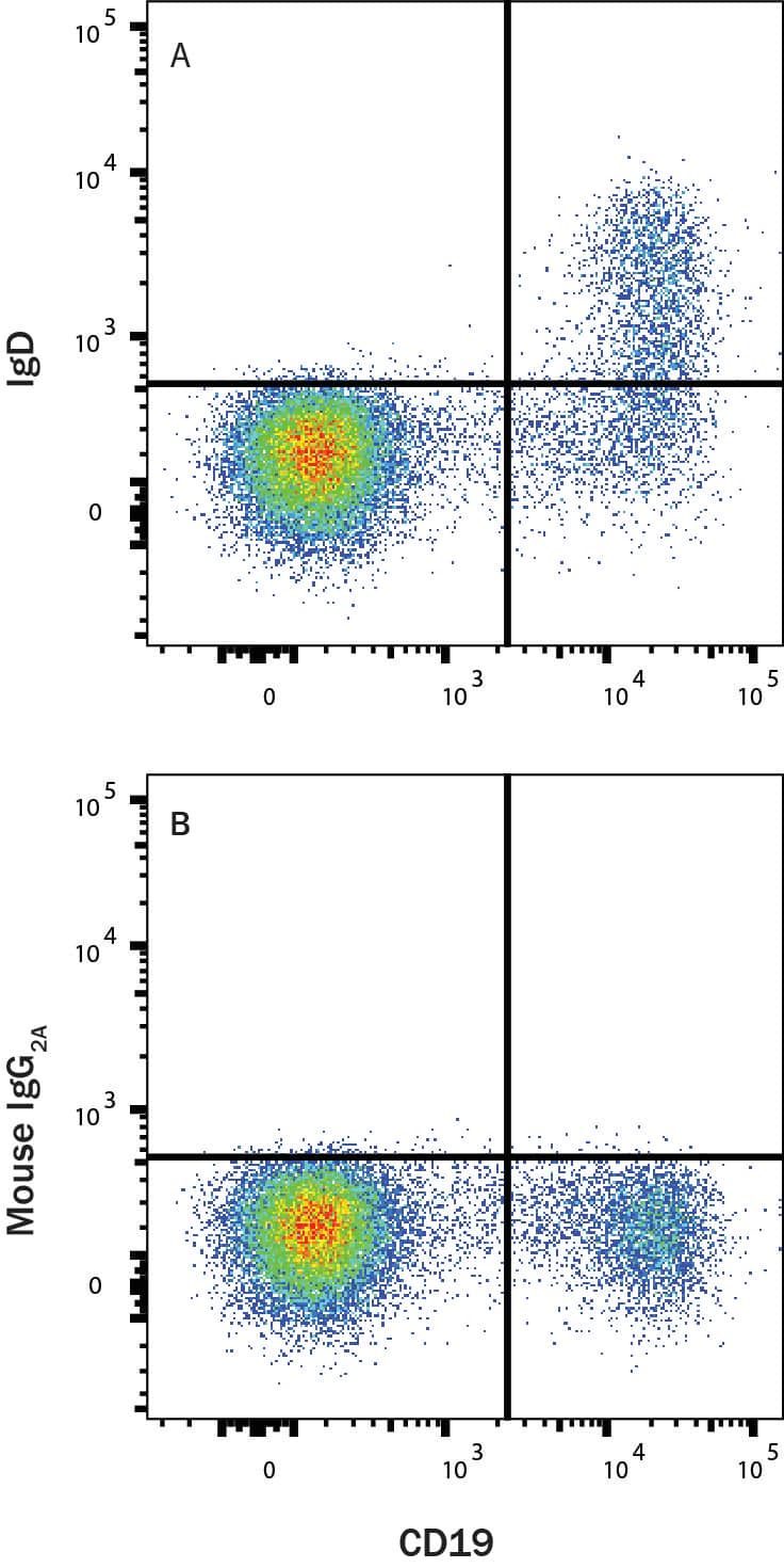 PBMC lymphocytes were stained with Mouse Anti-Human CD19 PE‑conjugated Monoclonal Antibody (Catalog # FAB4867P) and either (A) Mouse Anti-Human IgD Alexa Fluor® 750‑conjugated Monoclonal Antibody (Catalog # FAB9857S) or (B) isotype control antibody (Catalog # IC003S). View our protocol for Staining Membrane-associated Proteins. 