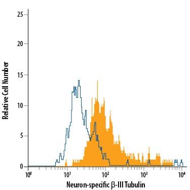 Eight-day differentiated Rat cortical stem cells were stained with Mouse Anti-Neuron-specific beta -III Tubulin PerCP-conjugated Monoclonal Antibody (IC1195C, filled histogram) or isotype control antibody (IC003C, open histogram). To facilitate intracellular staining, cells were fixed with Flow Cytometry Fixation Buffer (FC004) and permeabilized with Flow Cytometry Permeabilization/Wash Buffer I (FC005). View our protocol for Staining Intracellular Molecules.