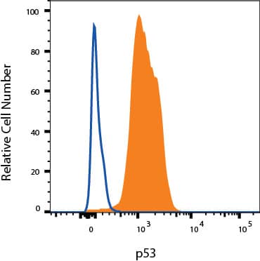 MCF-7 cells were stained with Mouse Anti-Human p53 APC‑conjugated Monoclonal Antibody (Catalog # IC13551A, filled histogram) or isotype control antibody (Catalog # IC0041A, open histogram). To facilitate intracellular staining, cells were fixed and permeabilized with FlowX FoxP3 Fixation & Permeabilization Buffer Kit (Catalog # FC012). View our protocol for Staining Intracellular Molecules.