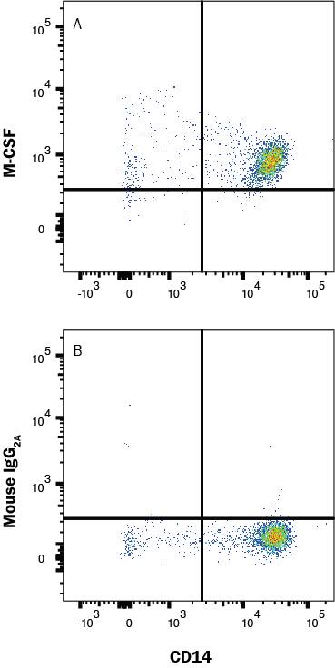 Human peripheral mononuclear cells (PBMC) were stained with Mouse Anti-Human CD14 Fluorescein‑conjugated Monoclonal Antibody (Catalog # FAB3832F) and either (A) Mouse Anti-Human M‑CSF PE‑conjugated Monoclonal Antibody (Catalog # IC2161P) or (B) isotype control antibody (Catalog # IC003P). To facilitate intracellular staining, cells were fixed with Flow Cytometry Fixation Buffer (Catalog # FC004) and permeabilized with Flow Cytometry Permeabilization/Wash Buffer I (Catalog # FC005). View our protocol for Staining Intracellular Molecules.