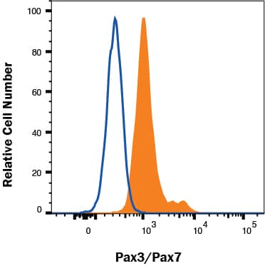 B16-F1 cells were stained with Mouse Anti-Human/Mouse Pax3/Pax7 PE‑conjugated Monoclonal Antibody (Catalog # IC2457P, filled histogram) or isotype control antibody (Catalog # IC003P, open histogram). To facilitate intracellular staining, cells were fixed with Flow Cytometry Fixation Buffer (Catalog # FC004) and permeabilized with Flow Cytometry Permeabilization/Wash Buffer I (Catalog # FC005). View our protocol for Staining Intracellular Molecules.