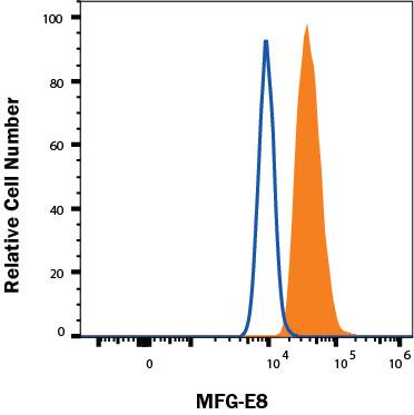 TF-1 cells were stained with Mouse Anti-Human MFG‑E8 Alexa Fluor® 488‑conjugated Monoclonal Antibody (Catalog # IC27671G, filled histogram) or isotype control antibody (Catalog # IC003G, open histogram). To facilitate intracellular staining, cells were fixed with FC012 and permeabilized with FoxP3 Perm. View our protocol for Staining Intracellular Molecules.