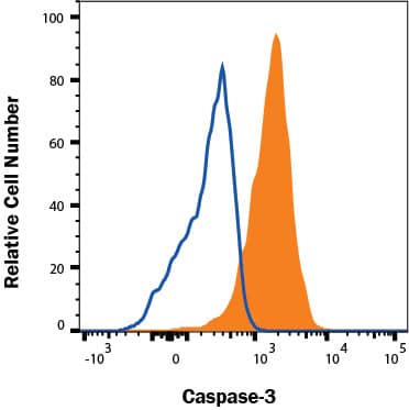 Jurkat human acute T cell leukemia cell line untreated (open histogram) or treated with 3 µM Staurosporine for 3 hours (filled histogram) was stained with Rabbit Anti-Human/Mouse Caspase-3 Alexa Fluor® 647-conjugated Monoclonal Antibody (Catalog # IC835R, filled histogram). To facilitate intracellular staining, cells were fixed with Flow Cytometry Fixation Buffer (FC004) and permeabilized with 90% methanol. View our protocol for Staining Intracellular Molecules.