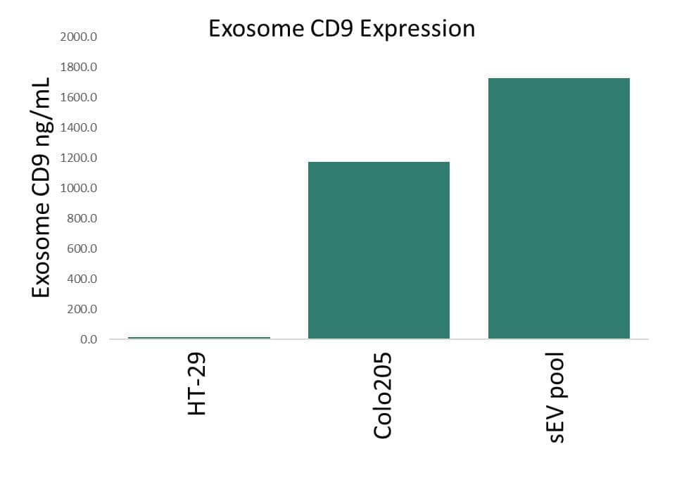 The Human CD9 Antibody (Catalog # MAB10582) was conjugated with an affinity tag and incubated at 0.05ug/mL with culture media from HT29, COLO205 cell lines, and ultracentrifuge-enriched serum exosomes. HRP conjugated antibody was used as detection and incubated at 0.2ug/mL. The test was run on a microplate that was pre-coated with an anti-tag antibody