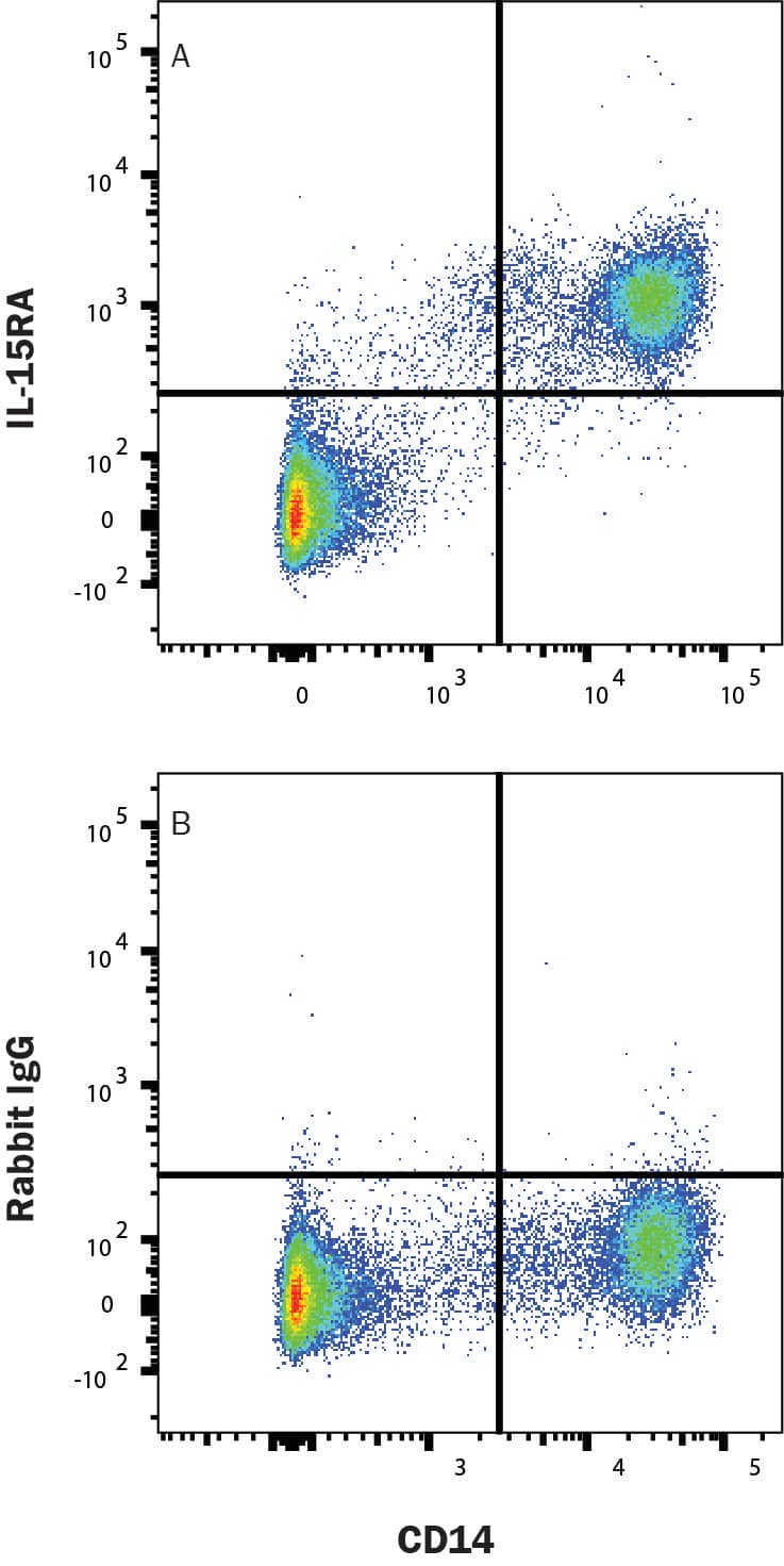 Human PBMC were stained with (A) Rabbit Anti-Human IL-15R alpha Monoclonal Antibody (Catalog # MAB10900) or (B) Rabbit IgG Control (MAB1050), followed by APC-conjugated anti-Rabbit IgG secondary antibody (F0111) and Mouse Anti-Human CD14 PE-conjugated Monoclonal Antibody (FAB3832P). Staining was performed using our Staining Membrane-associated Proteins protocol.