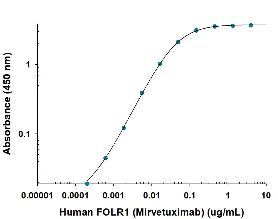 Direct ELISA binding curve demonstrating the recognition of Human Anti-Human FOLR1 (Research Grade Mirvetuximab Biosimilar) Monoclonal Antibody (Catalog # MAB11490) to FOLR1. The target protein was coated onto the microplate well surface, followed by binding of the antibody. A goat anti-human HRP conjugate was used for detection.