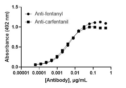 Anti-fentanyl/carfentanil antibody (HY11-7E1) binds to immobilized BSA conjugated fentanyl hapten (PMID: 35592436), coated on a plate at 0.05 µg/mL, and to immobilized carfentanil hapten, BSA conjugate, coated on a plate at 0.2 µg/mL. Bound antibody was detected with anti-human IgG, HRP conjugate.