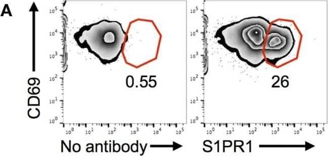 CD69 and S1PR1 expression on CD4 T cells before and following cell transfer. Activated OT-II T cells were analyzed before cell transfer (A) for expression of CD69 and S1PR1 or for CD69 expression ex vivo 24 h after transfer into resting (PBS) or inflamed [lipopolysaccharide (LPS)] ear pinnae (B,C). Before transfer, the OT-II T cells were treated with an S1PR1 antagonist or agonist as in Figure 5B. In panel (A), cells are gated on live CD4+ CD45+ cells; representative of three independent samples. In panels (B,C), data are combined from two to three independent experiments with ≥3 animals per group. In this figure, p < 0.05 is indicated by * and p < 0.001 by **. Image collected and cropped by CiteAb from the following open publication (//pubmed.ncbi.nlm.nih.gov/29225602), licensed under a CC-BY license. Not internally tested by R&D Systems.