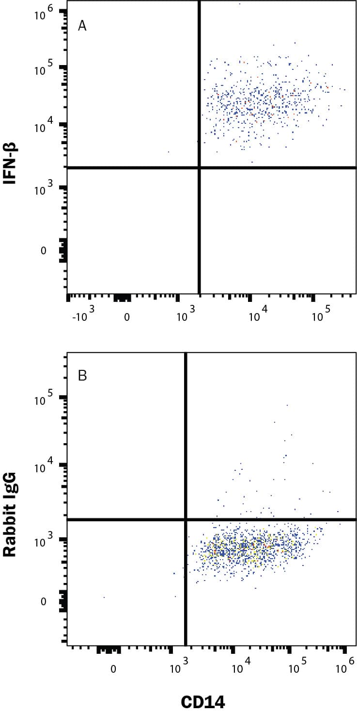 <b>Biological Strategies Validation. </b>M1 macrophages treated with 50 ng/mL each of rhGM-CSF (215-GM) for 6 days followed by an overnight polarization with IFNg and LPS (285-IF) and restimulated with monensin for 3 hours (3uM) were stained with Mouse Anti-Human CD14 PE‑conjugated Monoclonal Antibody (Catalog # FAB3832P) and either (A) Rabbit Anti-Human IFN‑ beta  Monoclonal Antibody (Catalog # MAB8142) or (B) Normal Rabbit IgG Control (Catalog # MAB1050) followed by Allophycocyanin-conjugated Anti-Rabbit IgG Secondary Antibody (Catalog # F0111). View our protocol for Staining Intracellular Molecules.