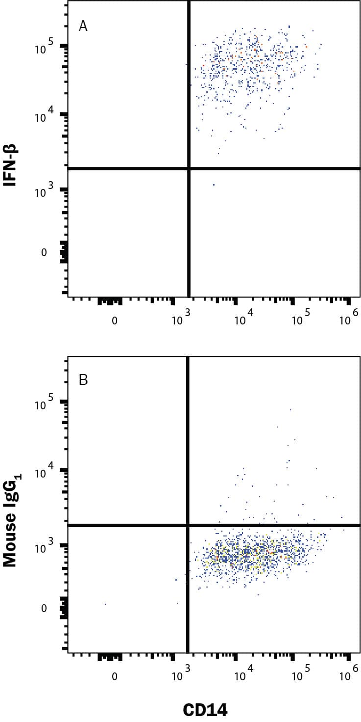 <b>Biological Strategies Validation. </b>M1 macrophages treated with 50 ng/mL each of rhGM-CSF (215-GM) for 6 days followed by an overnight polarization with IFNg and LPS (285-IF) and restimulated with monensin for 3 hours (3uM) were stained with Mouse Anti-Human CD14 PE‑conjugated Monoclonal Antibody (Catalog # FAB3832P) and either (A) Mouse Anti-Human IFN‑ beta  Monoclonal Antibody (Catalog # MAB814) or (B) Mouse IgG1 Isotype Control (Catalog # MAB002) followed by Allophycocyanin-conjugated Anti-Mouse IgG Secondary Antibody (Catalog # F0101B). View our protocol for Staining Intracellular Molecules.
