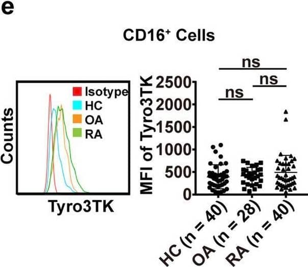 The expression of Tyro3TK on CD14+CD16− monocytes is increased in RA. a Gating strategy for identifying the expression of Tyro3TK on CD14+CD16+ and CD14+CD16− monocytes. Accordingly, the expression of Tyro3TK on CD14+CD16+ and CD14+CD16− monocytes in HC (n = 40) (b), OA (n = 28) (c), and RA patients (n = 40, **P = 0.008) (d) were analyzed and presented as the mean fluorescence intensity (MFI). e The expression of Tyro3TK on CD14+CD16+ monocytes were compared between HC, OA, and RA patients. f The expression of Tyro3TK on CD14+CD16− monocytes were compared between HC, OA, and RA patients (**P = 0.004, ***P < 0.001). g Flow cytometry-sorted CD14+CD16− monocytes from RA (n = 4) and HC (n = 4) were set to detect the mRNA expression of Tyro3TK by qPCR (*P = 0.029). *P < 0.05, **P < 0.01, ***P < 0.001; ns, not significant (Mann-Whitney U test, b, d, and g; Student’s t test, c; Kruskal-Wallis test followed by Dunn’s post-test for multiple comparisons, e–f) Image collected and cropped by CiteAb from the following open publication (//pubmed.ncbi.nlm.nih.gov/32958023), licensed under a CC-BY license. Not internally tested by R&D Systems.