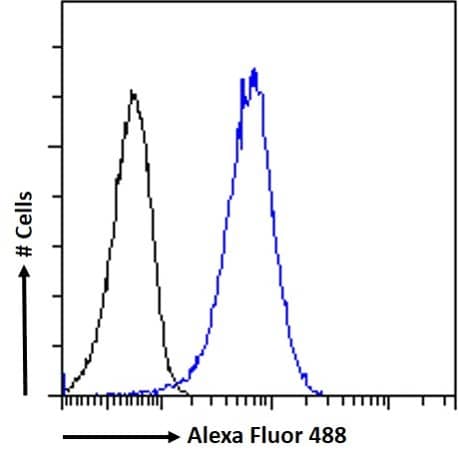 Flow Cytometry: Dynactin Subunit 1/DCTN1 Antibody [NB100-1110] - Flow cytometric analysis of paraformaldehyde fixed HeLa cells (blue line), permeabilized with 0.5% Triton. Primary incubation 1hr (10ug/ml) followed by Alexa Fluor 488 secondary antibody (1ug/ml). IgG control: Unimmunized goat IgG (black line) followed by Alexa Fluor 488 secondary antibody.