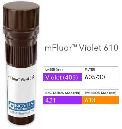 HIF-1 alpha Antibody (ESEE122) [mFluor Violet 610 SE] [NB100-131MFV610] - Vial of mFluor Violet 610 conjugated antibody. mFluor Violet 610 is optimally excited at 421 nm by the Violet laser (405 nm) and has an emission maximum of 613 nm. 