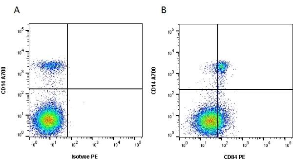 Flow Cytometry: CD84/SLAMF5 Antibody (CD84.1.21) [FITC] -  [NB100-64062] - Figure A. Alexa Fluor 700 conjugated mouse anti human CD14 and RPE conjugated mouse IgG1 isotype control . Figure B. Alexa Fluor 700 conjugated mouse anti human CD14 and RPE conjugated mouse anti human CD84. All experiments performed on red cell lysed human blood gated on mononuclear cells in the presence of Human Seroblock. Data acquired on the ZE5 Cell Analyzer. 