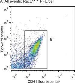 Flow Cytometry: P-Selectin/CD62P Antibody (Psel.KO.2.7) [DyLight 488] [NB100-65392G] - Flow cytometry gating strategy for quantification of platelet-derived microparticles in equine platelet samples.A: Platelet events in citrate-anticoagulated platelet-rich plasma were identified & gated as CD41-positive cells (R1 region) in a CD41 fluorescence versus forward scatter (FSC) dotplot. The R1 region or gate was established on an isotype control for the CD41 antibody. Representative image from platelets exposed to the RacL11 strain of EHV-1 at 1 plaque forming unit (PFU)/cell. B: Platelet-derived microparticles (PDMPs) were defined as small events (<101 log FSC units) positive for Annexin V & CD41. The PDMP percentage was obtained from the lower right quadrant of an Annexin V fluorescence versus FSC dotplot of the R1 gate (CD41-positive events), with the quadrants being defined on a negative sample in which 1 mM EDTA was added to the buffer with Annexin V. The PDMP percentage was 0.1% in this representative image of platelets exposed to rabbit kidney 13 (RK) cell lysate at an equivalent volume to 1 PFU/cell (mock-infected negative control). The events in the upper left & right quadrants are platelets that are negative (94.0%) & positive for Annexin V (0.9%), respectively. C: Representative image of PDMP quantification in platelets exposed to RacL11 at 1 PFU/cell. In this sample, there are 12.1% PDMP (lower right quadrant) & 22.1% of platelets are weakly positive for Annexin V (upper right quadrant). Image collected & cropped by CiteAb from the following publication (//pubmed.ncbi.nlm.nih.gov/25905776), licensed under a CC-BY license. Not internally tested by Novus Biologicals.