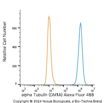 An intracellular stain was performed on U-2 OS human osteosarcoma cell line with Mouse anti-alpha Tubulin (DM1A) Protein-G purified Monoclonal Antibody conjugated to Alexa Fluor ® 488 (Catalog # NB100-690AF488, blue histogram) or matched control antibody (orange histogram) at 5 µg/mL for 30 minutes at RT.