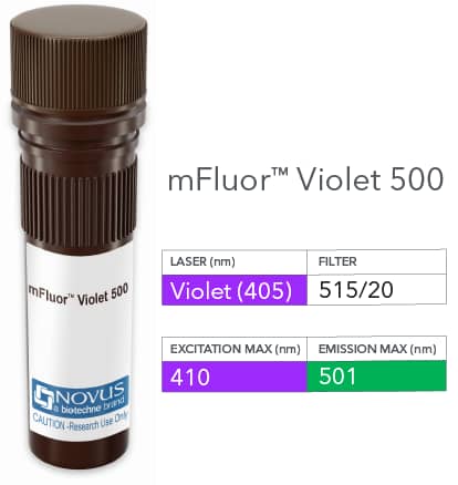 Panendothelial Cell Antigen Antibody (MECA-32) [mFluor Violet 500 SE] - Vial of mFluor Violet 500 conjugated antibody. mFluor Violet 500 is optimally excited at 410 nm by the Violet laser (405 nm) and has an emission maximum of 501 nm.