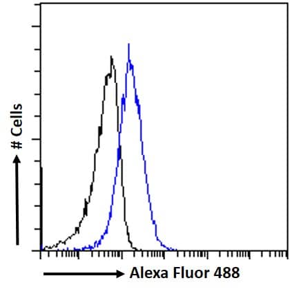 Flow Cytometry: MTMR9 Antibody [NB100-832] - Flow cytometric analysis of paraformaldehyde fixed A549 cells (blue line), permeabilized with 0.5% Triton. Primary incubation 1hr (10ug/ml) followed by Alexa Fluor 488 secondary antibody (1ug/ml). IgG control: Unimmunized goat IgG (black line) followed by Alexa Fluor 488 secondary antibody.