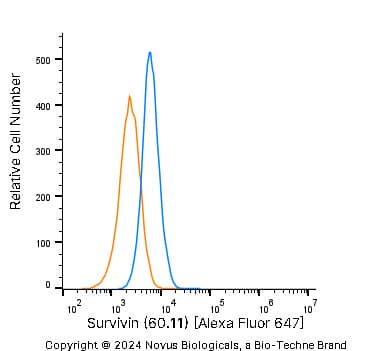 A431 human skin carcinoma cell line was stained with Mouse anti-Survivin (60.11) Protein-G purified Monoclonal Antibody conjugated to Alexa Fluor® 647 (Catalog # NB500-238AF647, blue histogram) or matched control antibody (orange histogram).